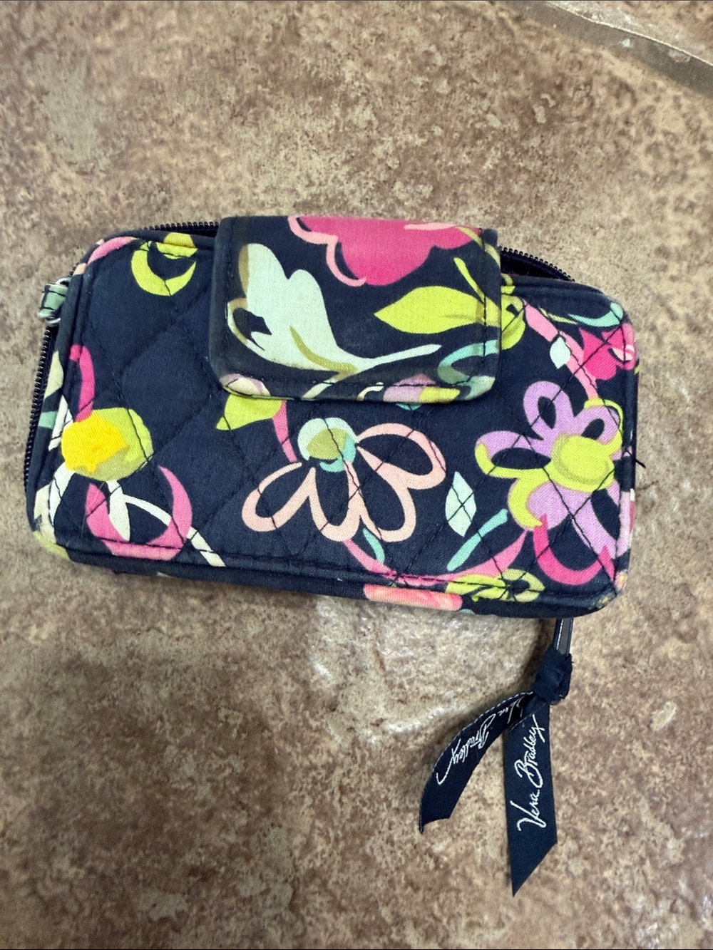 Vera Bradley Navy Floral Quilted Wallet with Pink, Green & Yellow Accents